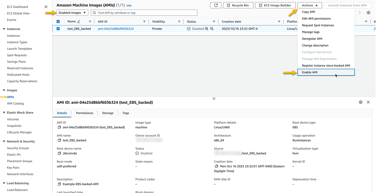 A screenshot that shows "Enable AMI" command on the AMIs control plane in EC2 console