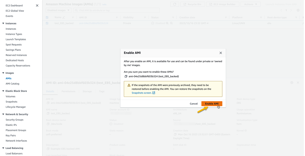 A pop up message that confirms the command to enable AMI