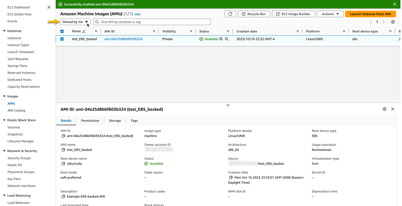 A screenshot of the AMI control plane where you can verify that the AMI is enabled