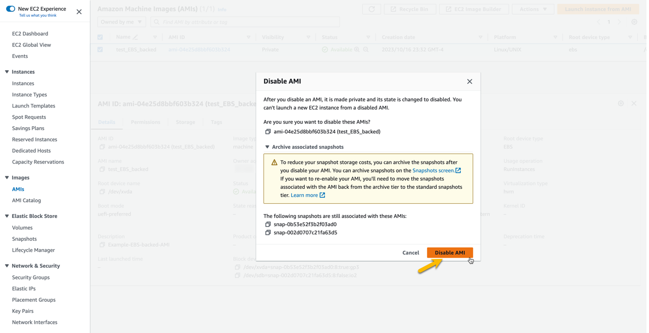 A pop up message that confirms the disabling of AMI