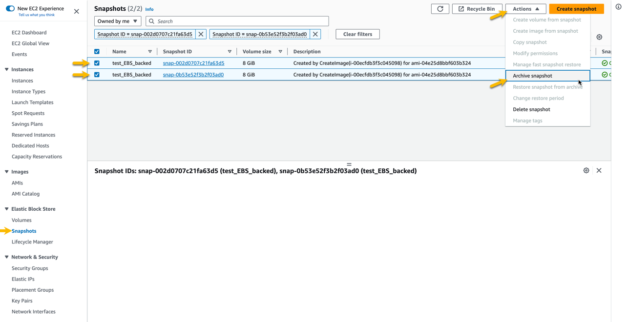 Screenshot that shows the archival selections of snapshots associated with the disabled AMI