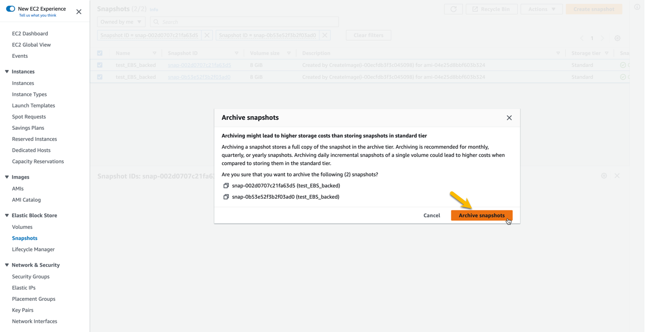 A pop up message that confirms the archival of snapshots