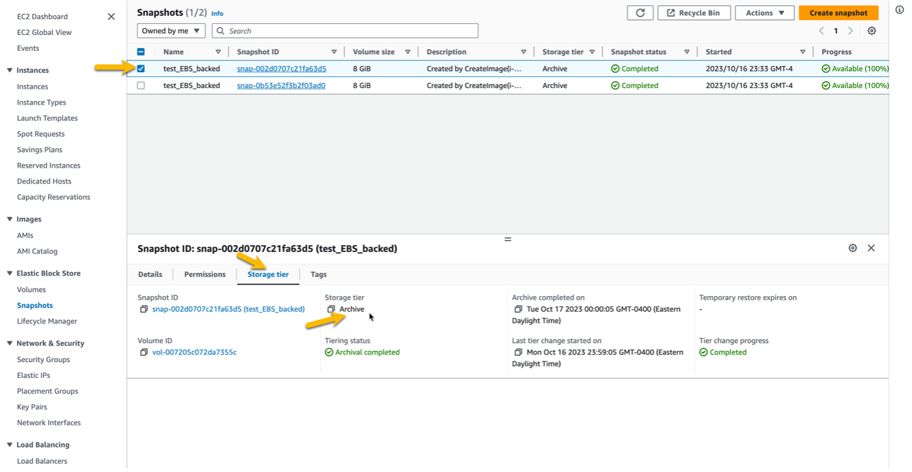 A screenshot that shows snapshot archival status.