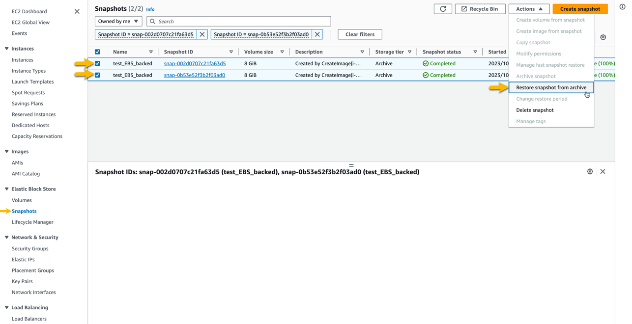 A screenshot that shows the "restore snapshots from archive" command on the Snapshots control pane in the EC2 console