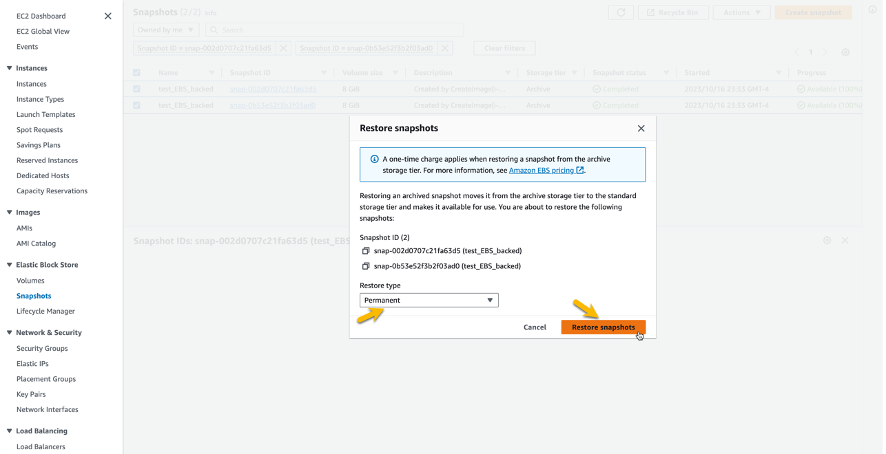 A pop up message that confirms the restore snapshots command.