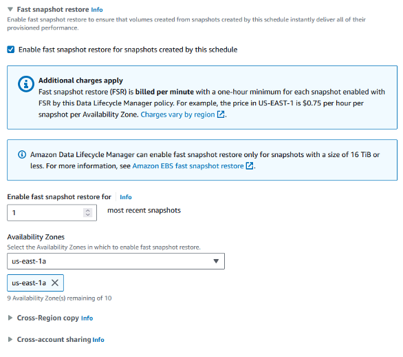 Screenshot showing Fast Snapshot Restore enabled.