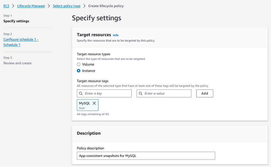 Screenshot showing Specify settings for creating lifecycle policy