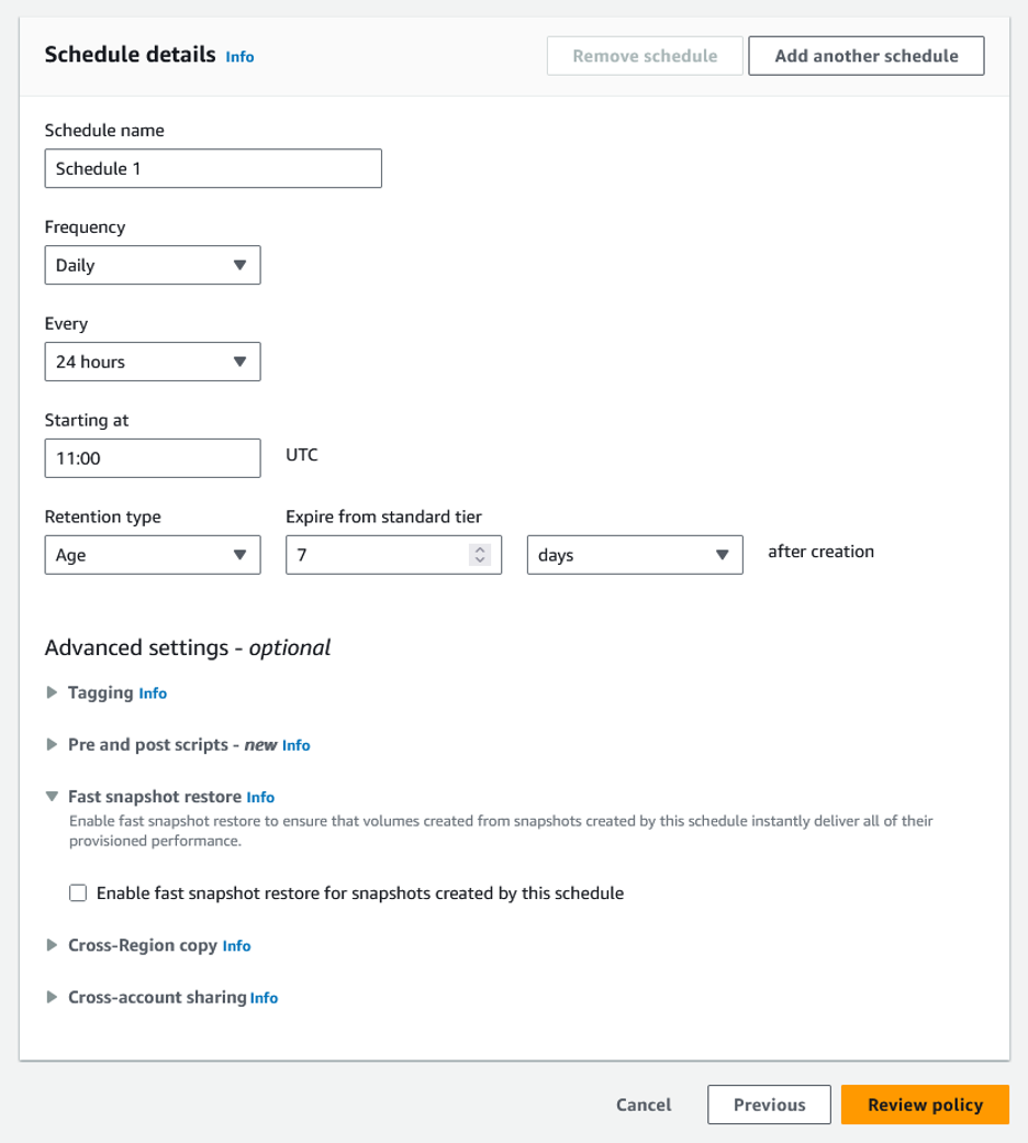 Screenshot showing the setup of policy creation schedule.