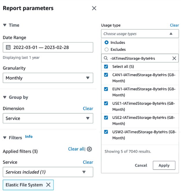 Figure 10 - Reporting parameters to report data stored in Amazon EFS Standard-Infrequent Access storage class