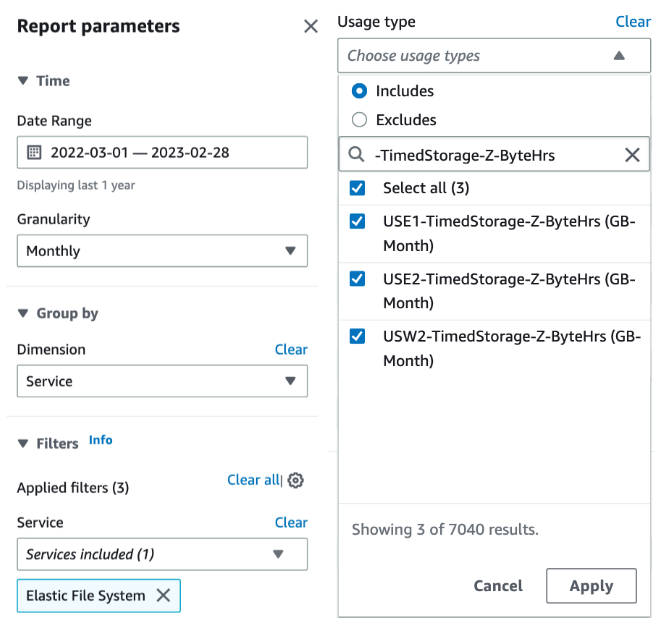 Figure 14 - Reporting parameters to report data stored in Amazon EFS One Zone storage class
