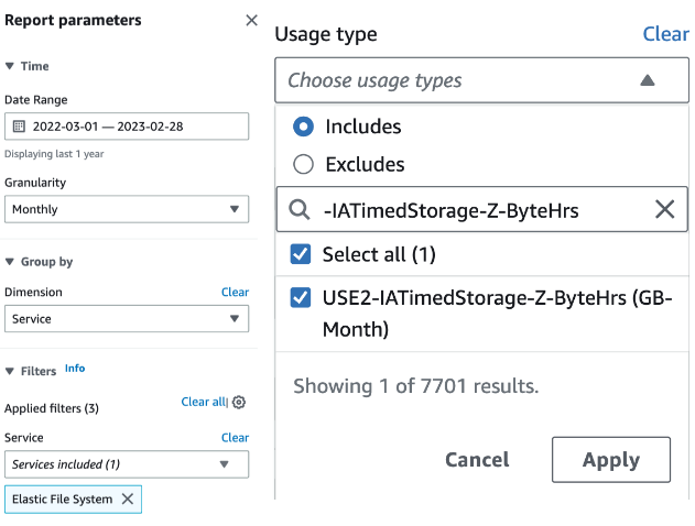 Figure 18 - Reporting parameters to report data stored in Amazon EFS One Zone-Infrequent Access storage class