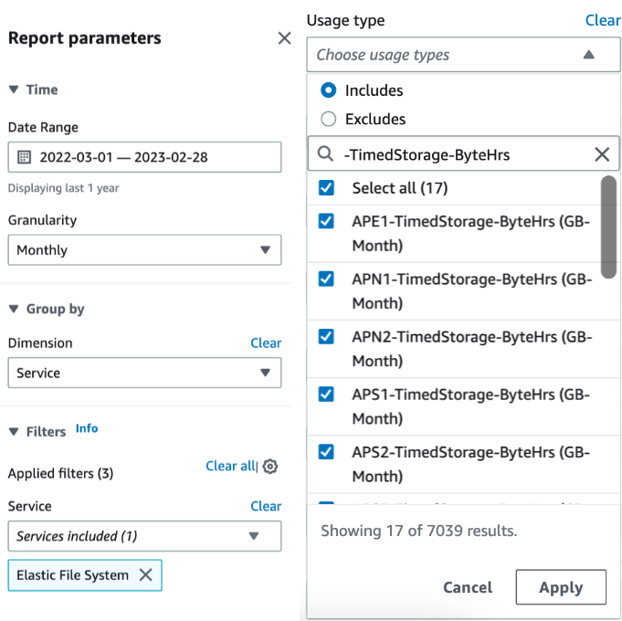 Figure 6 - Reporting parameters to report data stored in Amazon EFS Standard storage class