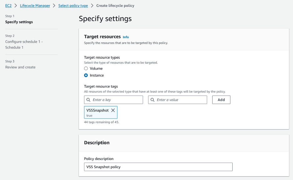 Create policy by targeting instances and adding tags of instances to target.
