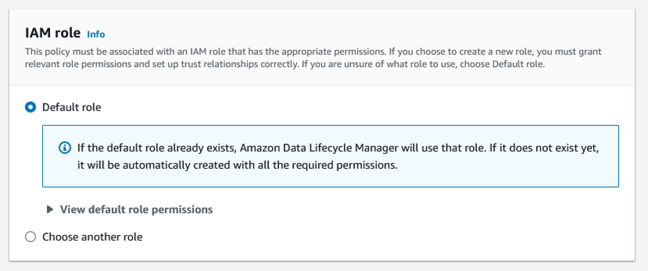 Select default IAM role for most use cases.
