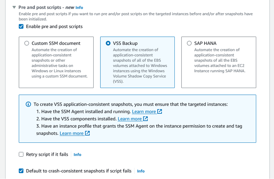 Screenshot with VSS Backup tile selected