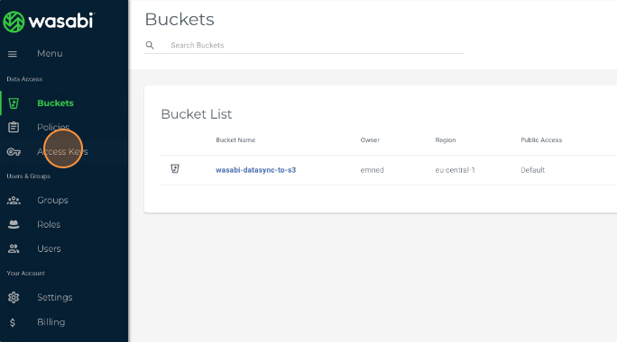 Navigate to the Access Keys section in Wasabi Cloud Storage