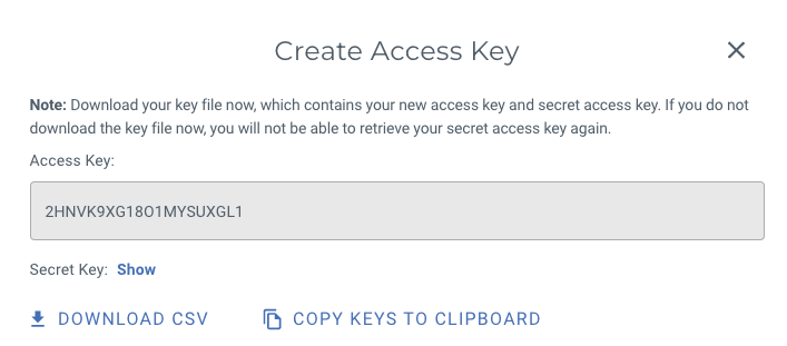 Capture the Wasabi Cloud Storage access keys once generated