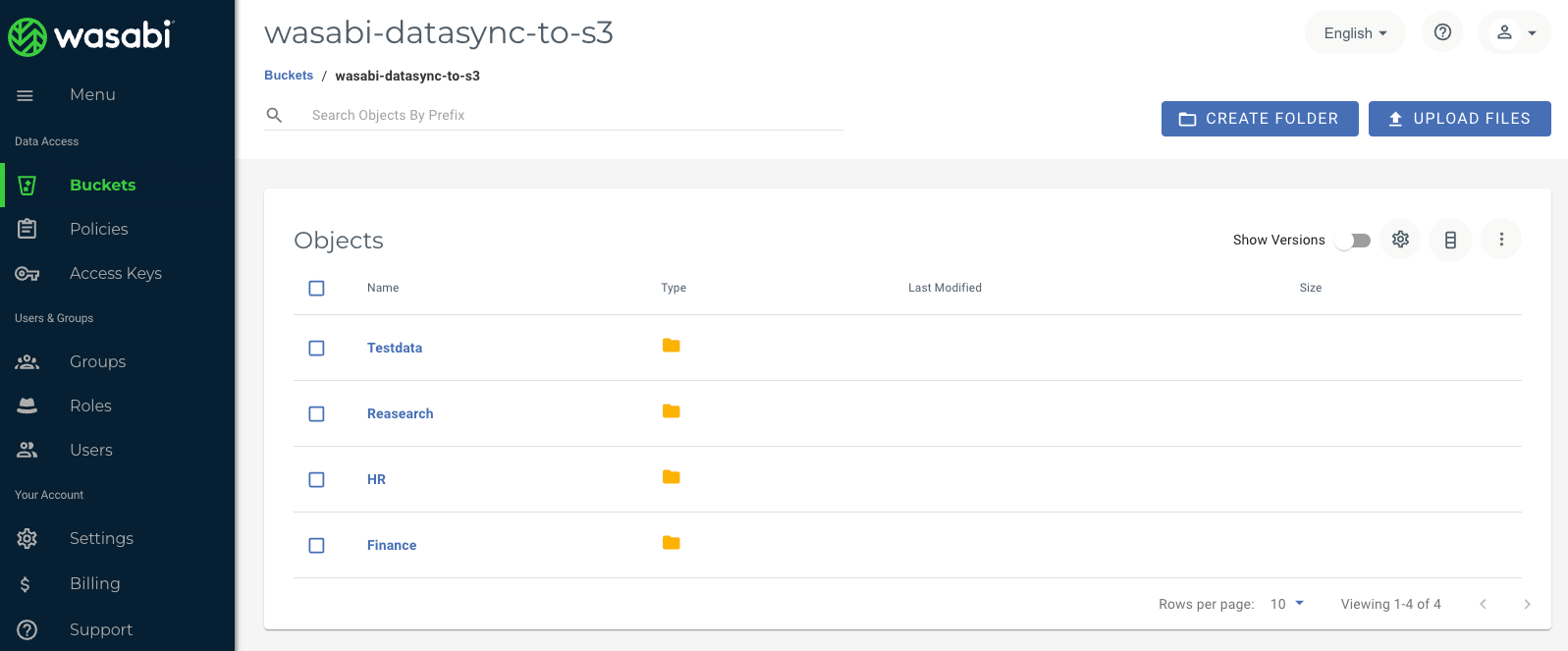 Wasabi Cloud Storage view of folders to be migrated to S3