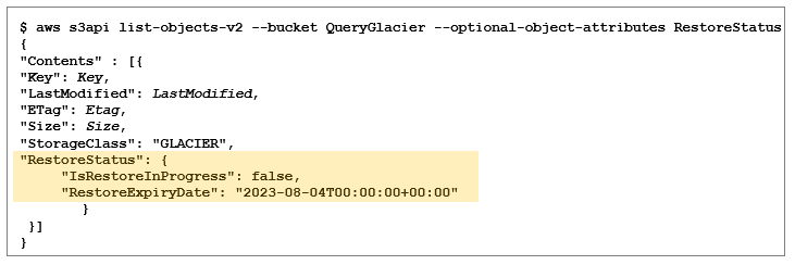 CLI calls ListObjectsv2 S3 API which now shows RestoreStatus of objects