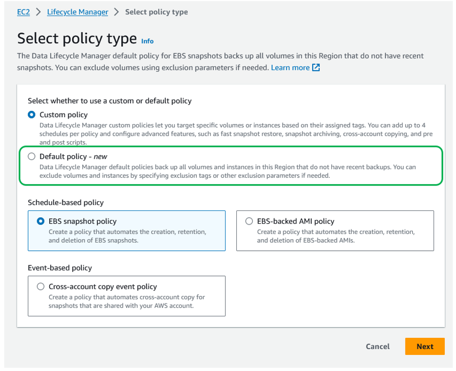 Screenshot showing the selection of policy type