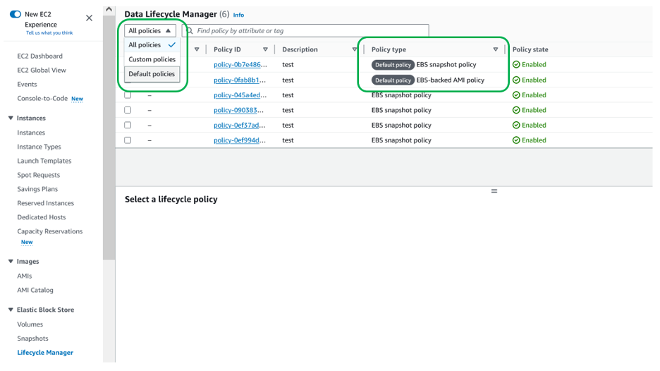 Filter/sort default policies on the Data Lifecycle Manager page in EC2