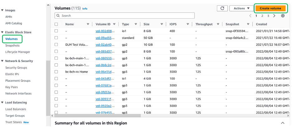 EBS Volumes page in EC2 console