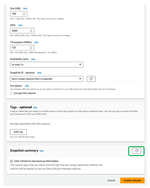 Creating a volume using Amazon EC2 console.