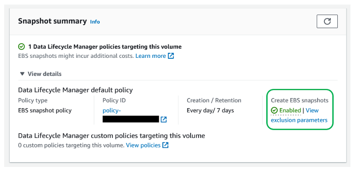 Snapshot summary showing default policies enabled.