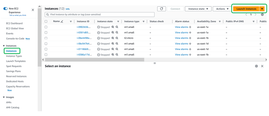 Instance page in Amazon EC2 console