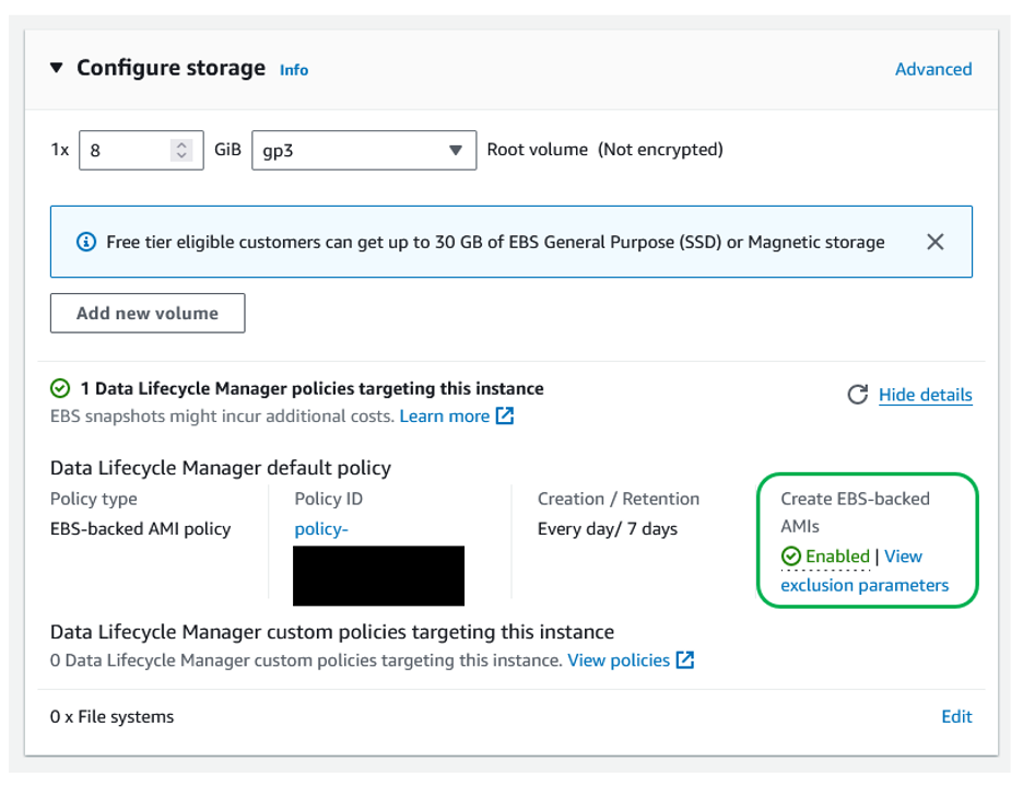EBS-backed AMI summary showing default policies enabled.