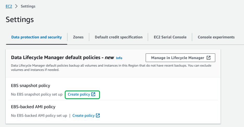 EC2 dashboard settings page