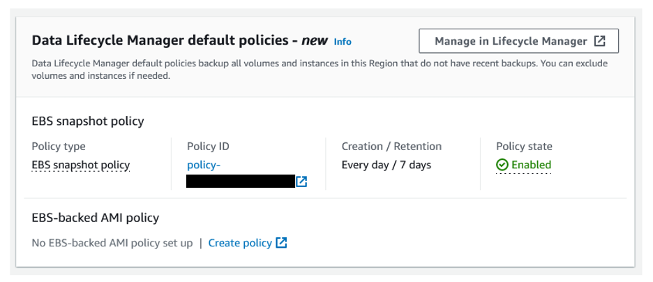 EC2 dashboard settings page, Data Lifecycle Manager default policies section