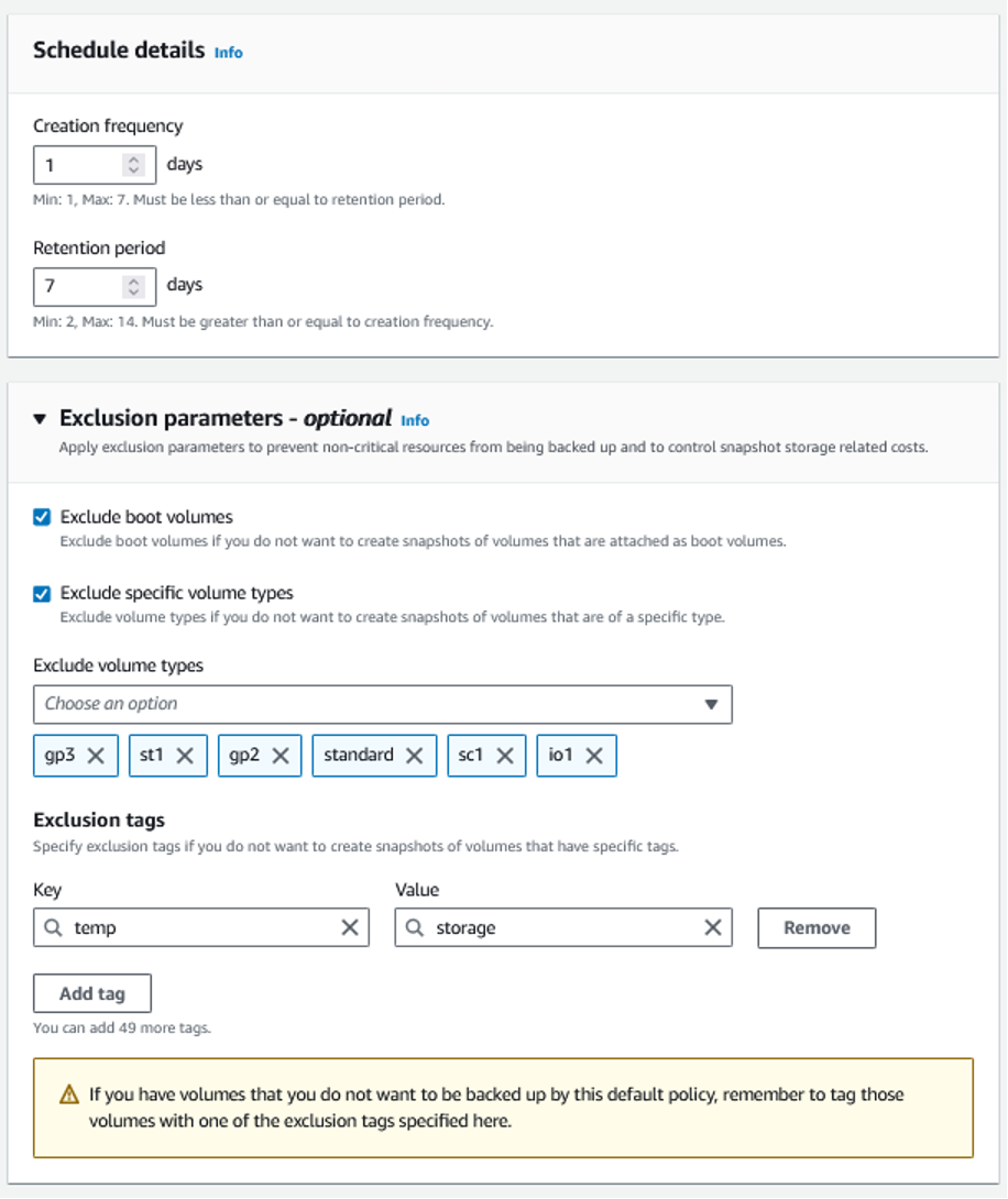 Set schedule details and exclusion parameters.