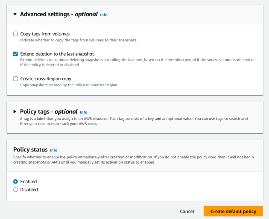 Set Advanced Settings and complete policy creation