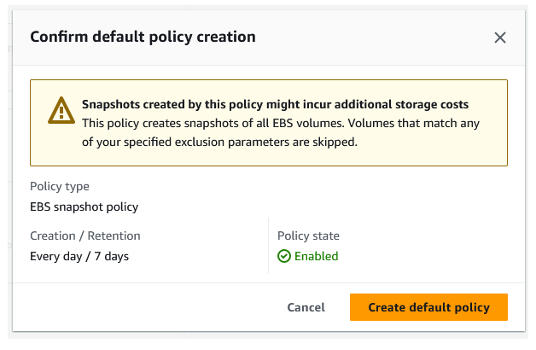 Confirm default policy creation dialog box