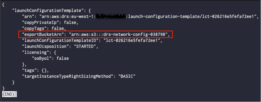 Command output showing the exportBucketArn