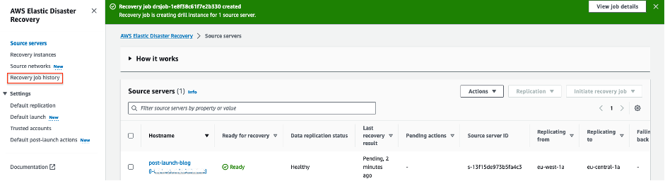 Selecting to the Recovery job history menu