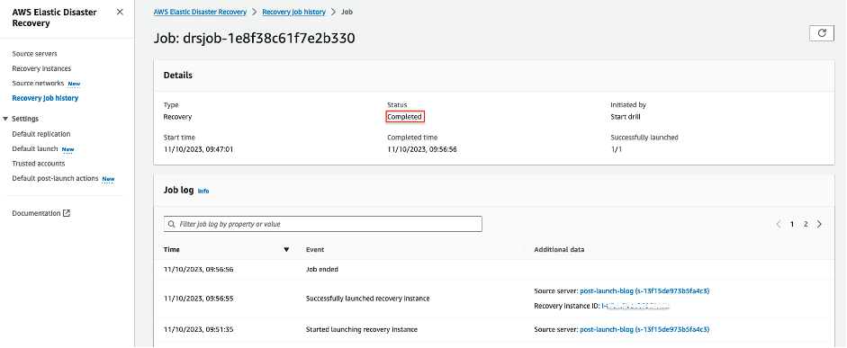 Reviewing the Recovery job history log