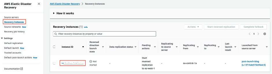 Selecting the newly created recovery instance