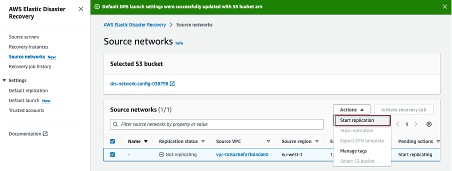 Selecting Start replication from Source Network Actions