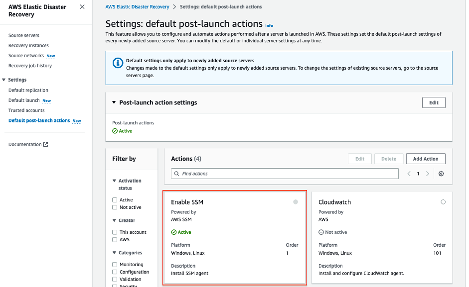 Reviewing the automatically activated Enable SSM action