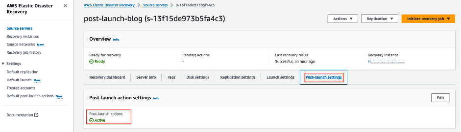 Reviewing the post launch action setting for a newly added source server