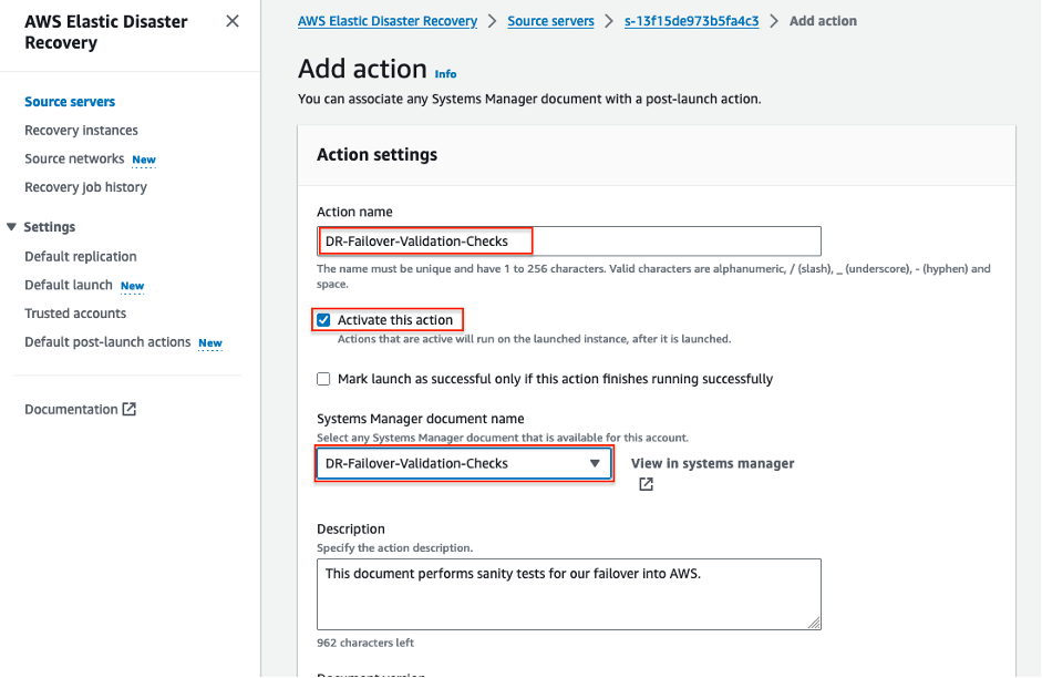 Add Post launch action window
