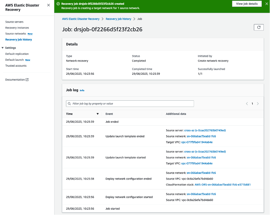 Reviewing the recovery progress in the Recovery job log