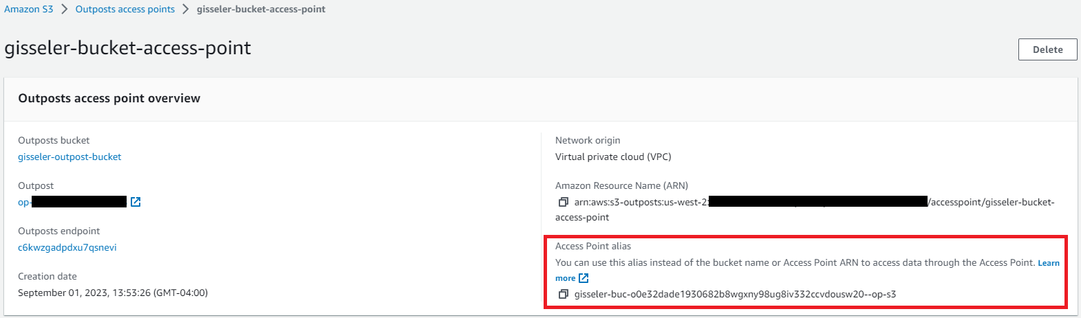 Figure 2 – S3 on Outposts console with access points alias shown