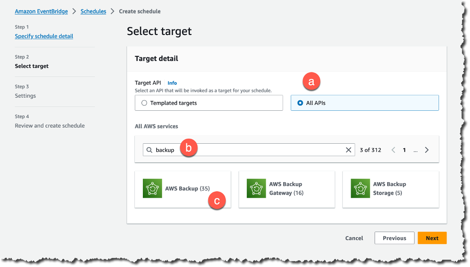 Sample EventBridge Scheduler job AWS API for backup services. 