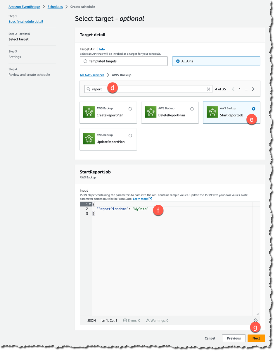 Sample EventBridge Scheduler job AWS API for backup services continued.