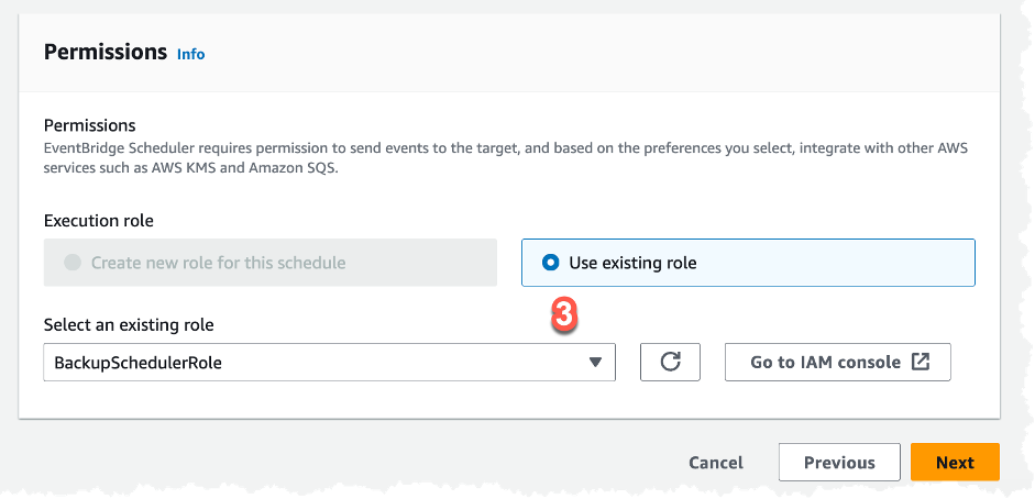 3. On the Permissions page, select the IAM role from dropdown. The IAM role for EventBridge is created as part of the CloudFormation script.
