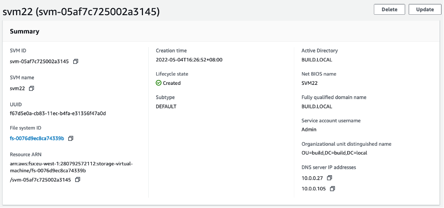 Figure 8 FSx for ONTAP SVM setting
