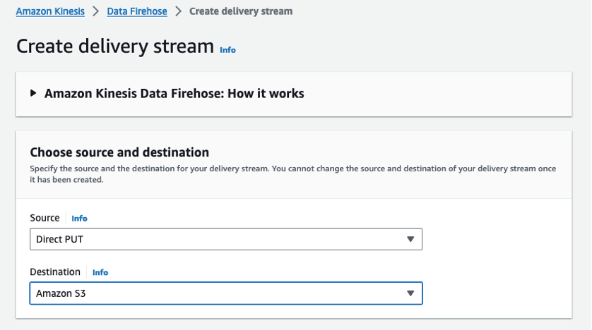 Figure 2 Kinesis Data Firehose Console Choosing Source and Destination